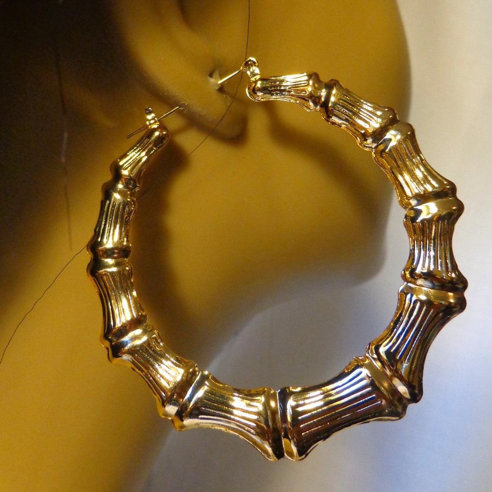 Large 3 inch Bamboo Hoop Earrings Gold Tone Lightweight